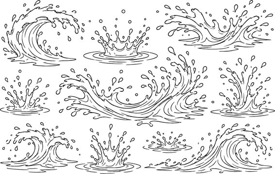 Collection of sketched water waves and splashes forms a dynamic black and white vector illustration