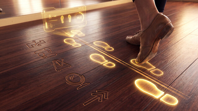 Biomechanics and gait analysis concept, dancer improving posture through digital foot tracking, movement efficiency optimization, balance correction, kinetic analysis, motion HUD