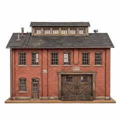Naklejka premium Detailed scale model of an old brick workshop with wooden doors and industrial charm