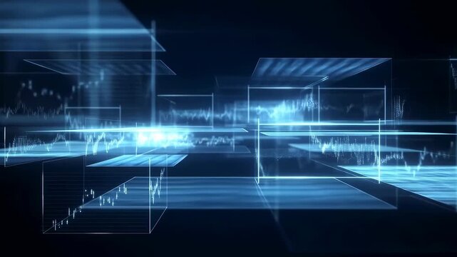 Floating translucent digital panels display fluctuating line charts