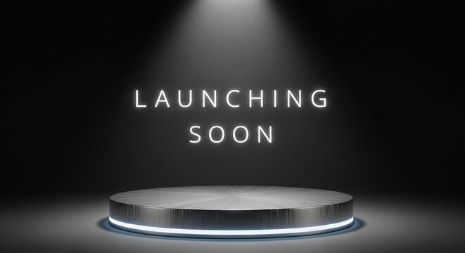 Launching soon text on dark stage, illuminated product podium with spotlight, cinematic teaser background for new releases