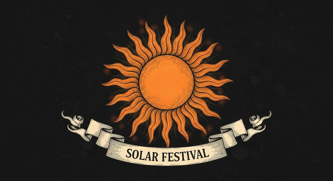 Vintage solar festival logo with orange sun, mystical celestial sun illustration, retro banner with solar festival text on black background
