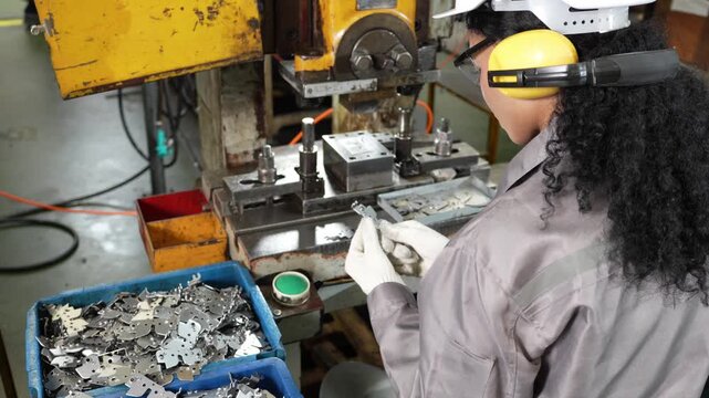 Yellow machine press stamping continues while the operator sorts finished parts into the crate resting at their own knee