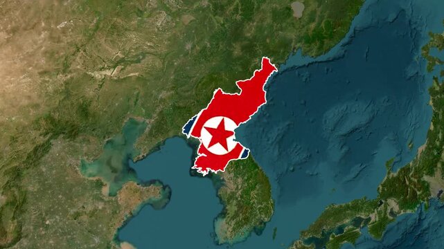 North korea map animation: zoom-in satellite view with national flag overlay for geopolitical news geography