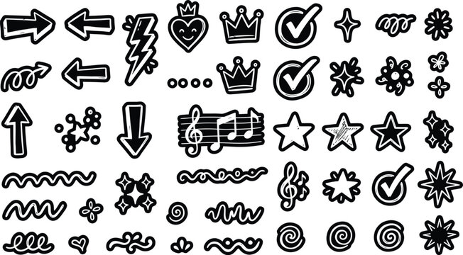 Collection of hand drawn doodle style icons and symbols in black and white
