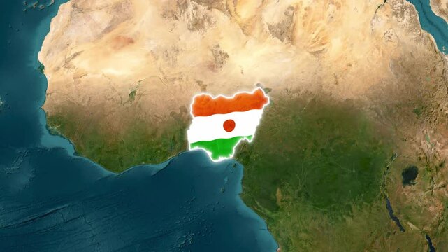 Niger country map animation with national flag overlay on satellite earth globe africa geography