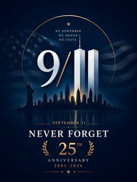 9/11 September 11 Memorial Poster with Twin Towers and 25th Anniversary Tribute 2001&ndash;2026