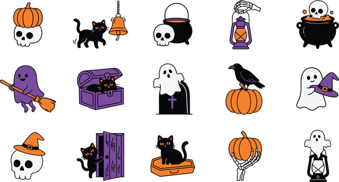 Set of cute halloween icons with pumpkins ghosts skulls black cats and spooky holiday elements isolated on transparent background, Vector