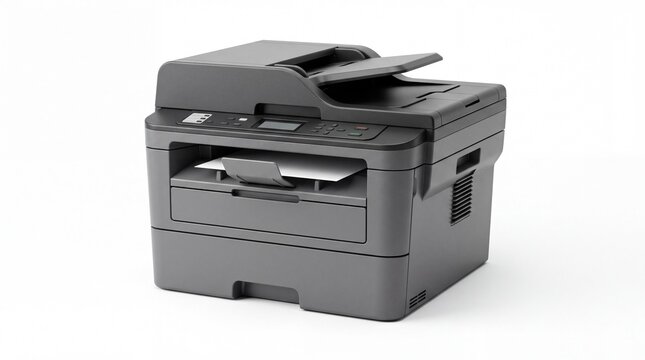 Black multifunction laser printer isolated on white background