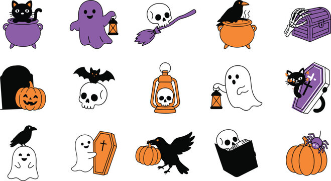Set of cute cartoon halloween icons with ghosts skulls pumpkins cats and spooky elements isolated on transparent background, Vector