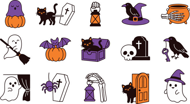 Set of cute halloween icons with ghosts pumpkins cats bats skulls and spooky holiday elements isolated on transparent background, Vector