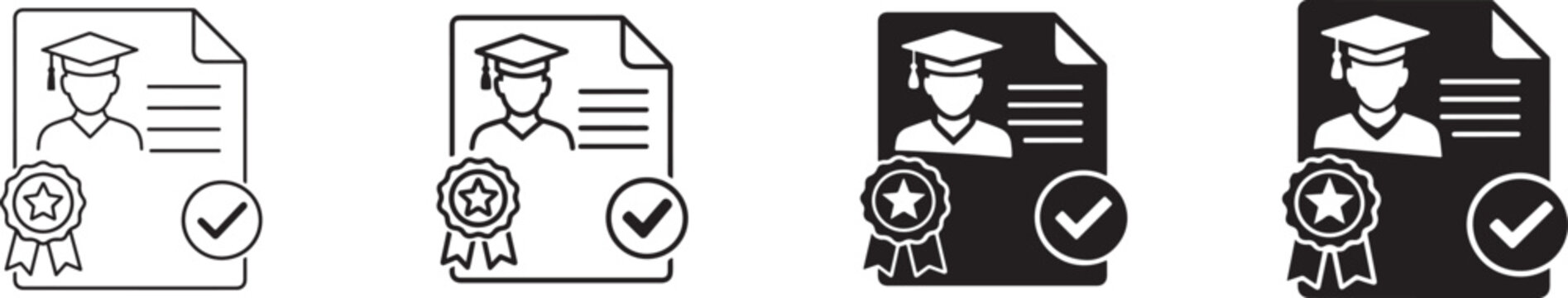 Black and white academic record icon set in multiple styles for education documents and school interfaces.