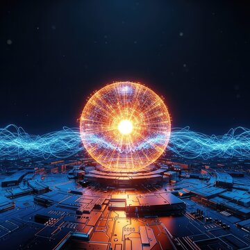 A glowing digital sphere radiates bright orange energy pulses through complex data networks and metallic circuitry in a dark sci-fi space, spark, data, information