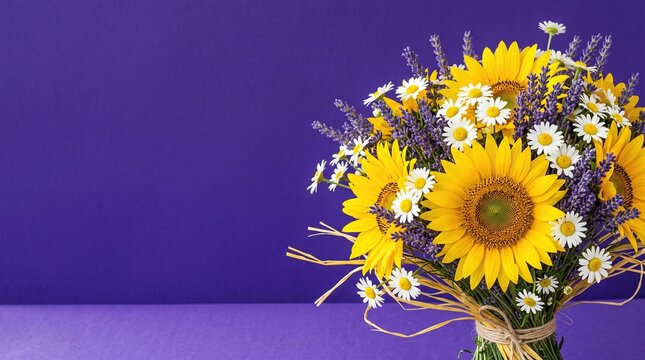 Vibrant bouquet of bright yellow sunflowers, purple lavender, and white daisies tied with twine over a vivid purple background with copy space, summer floral composition.