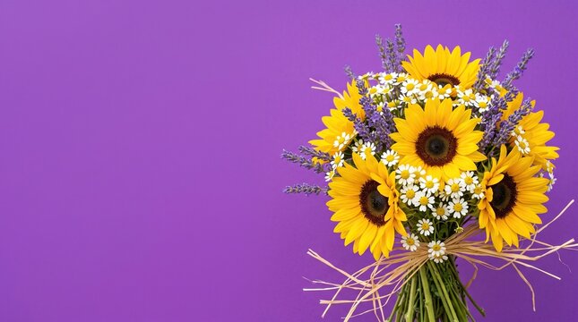 Vibrant bouquet of yellow sunflowers, purple lavender, and white chamomile flowers tied with straw bow on a solid purple background with copy space.