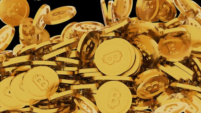 Shiny golden bitcoin coins falling and filling the screen