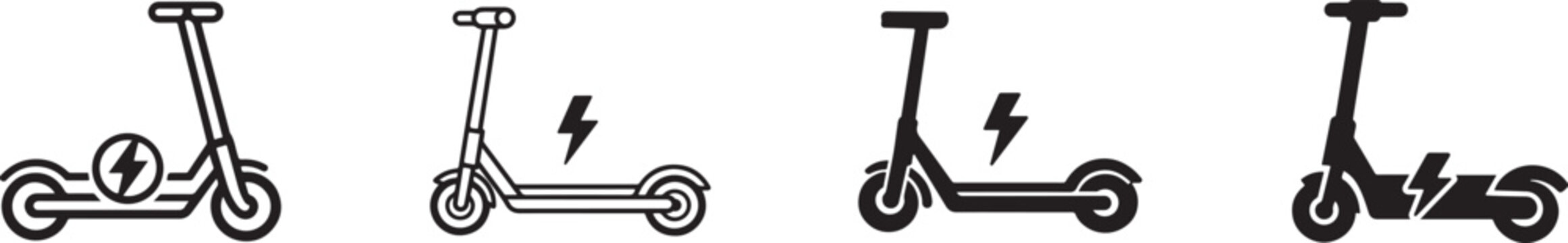 Black and white electric scooter icon set in multiple styles for modern urban transportation designs.