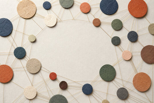 Abstract network of textured circles, interconnected web of colorful round shapes, conceptual social connection and communication background