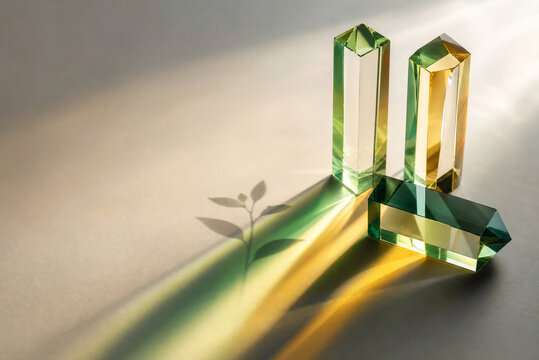 Green glass prisms with light refraction, crystal pillars casting shadows and plant silhouette, elegant geometric still life