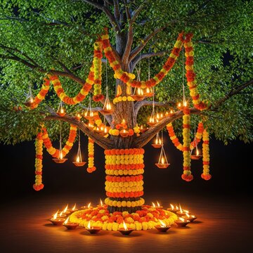 A sacred amla tree decorated with bright marigold garlands and glowing clay oil lamps, celebrating a traditional autumn harvest festival, fruit, oil lamps, evening