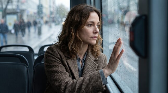 A contemplative woman with curly brown hair sits on a bus, looking out a wet window at a blurred city street.