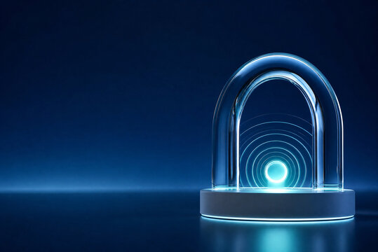 Futuristic digital padlock icon on dark blue background, glowing cyber security lock symbol, 3D network protection concept