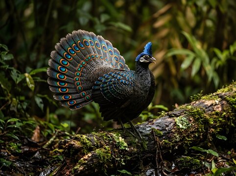 Palawan peacock-pheasant displaying fanned iridescent ocelli tail