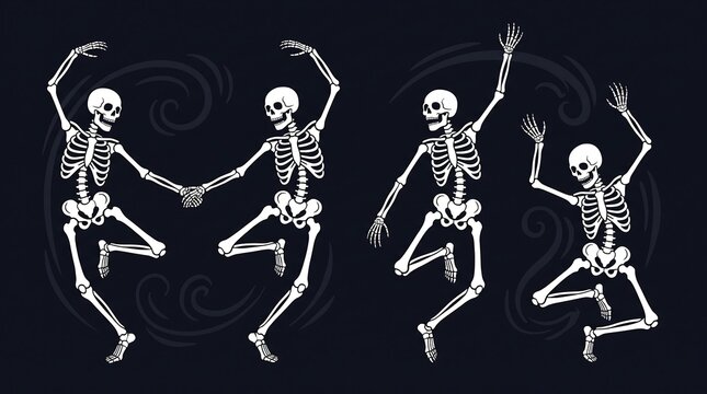 Spooky dancing skeletons on black background, macabre Halloween bone characters, whimsical skeletal figures in motion