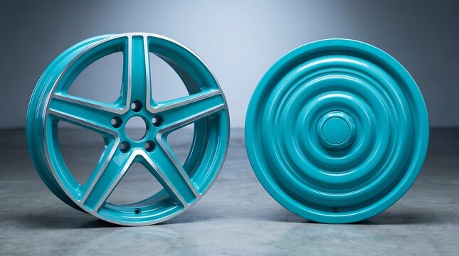 Turquoise custom alloy wheels, vibrant teal car rims with five-spoke and concentric circle designs, modern automotive wheel set