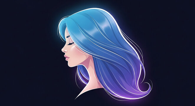 Ethereal anime woman with glowing blue hair. Stylized female profile portrait. Vibrant neon hair illustration on dark background.