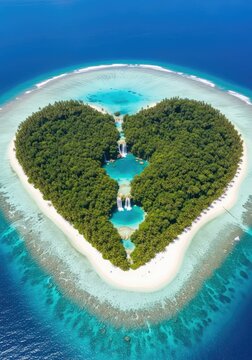 Aerial view of a secluded heart-shaped tropical atoll featuring dense green jungle canopies, pristine white sand, and hidden waterfalls, coral, vegetation, tranquility