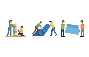 Fototapeta premium Illustration Set Depicting People Performing Household Chores Like Organizing Books And Moving Furniture