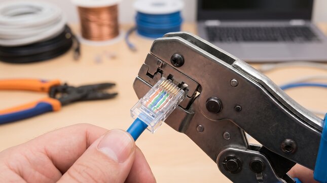 Professional crimping tool for ethernet cable. Technician hands installing RJ45 connector on blue network wire. IT infrastructure maintenance.