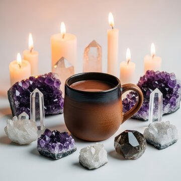 Ceremonial cacao in a rustic mug surrounded by amethyst clusters, quartz crystals, and lit candles creating a peaceful spiritual atmosphere, esoteric, harmony, cocoa