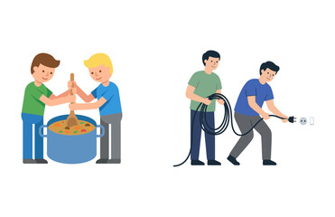 Obraz premium Vector illustration of two sets of men collaborating, cooking together, and handling cables