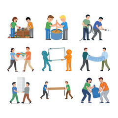 Fototapeta premium Vector collection of teamwork and cooperation concepts with people working together on various tasks