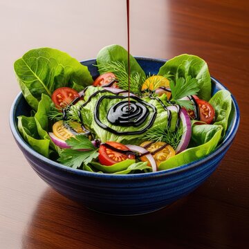 Dark balsamic vinegar glazes a fresh garden salad with greens, tomatoes, and herbs inside a rustic ceramic bowl on a dark wooden tabletop, liquid, vinegar, natural
