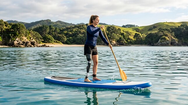 Woman with prosthetic leg paddleboarding on calm ocean water with scenic hills