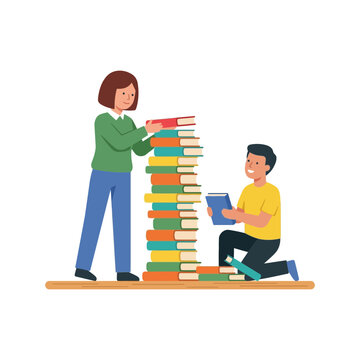 Young Students Stacking Books Together for Academic Learning and Knowledge Development Concept