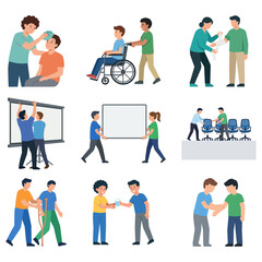 Fototapeta premium Set of diverse illustrations depicting people helping each other and providing mutual community support
