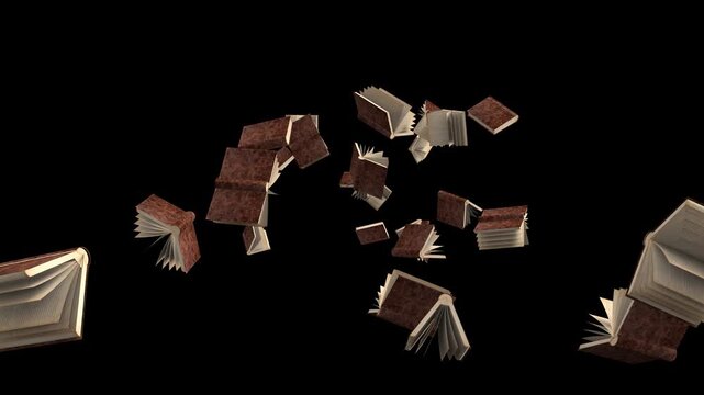 Vintage leather books flying forward towards the camera lens