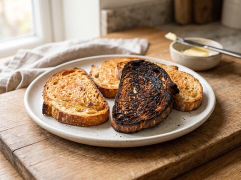 One Burnt Toast Slice Among Perfectly Toasted Bread