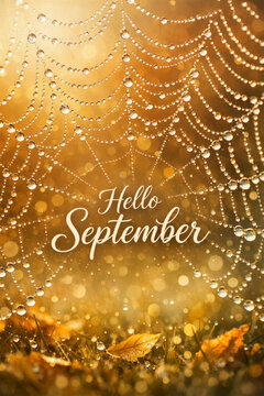 Golden morning dew glistens on a delicate spiderweb with fallen leaves below, symbolizing the calm beauty of early autumn and the arrival of September.