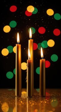 Eleganti candele natalizie dorate accese su uno sfondo notturno magico con luci soffuse, polvere di stelle e riflessi caldi scintillanti, festeggiamento, sfondo, avvento