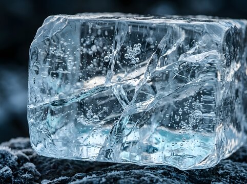 Close up of a cracked ice cube with air bubbles frozen water texture and detail