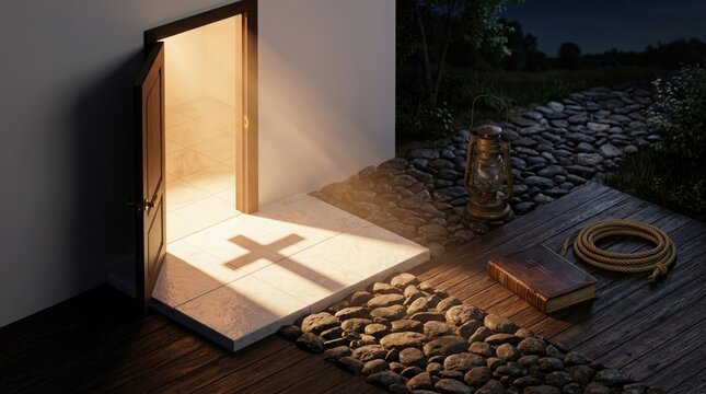 An open door casts a cross shadow, illuminated by warm light, next to a bible and lantern on a wooden deck at twilight.