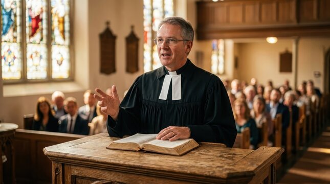 A male pastor in formal attire preaches from a pulpit in a church, with an open Bible and a blurred congregation in the background.