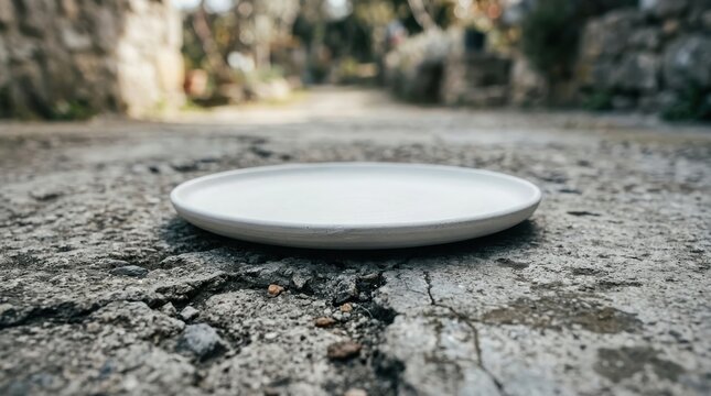 A simple, empty ceramic plate sits on cracked, textured ground with a blurred natural background.