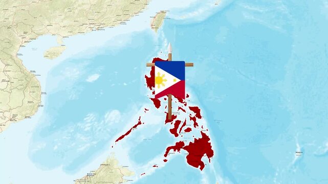 Philippines national flag animation waving over map of island nation