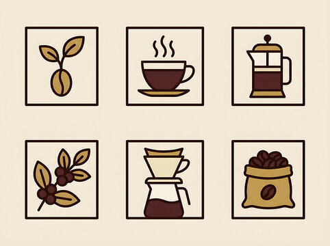 Collection of flat design coffee icons including plant seedling cup french press pour over and coffee bag for cafe branding.
